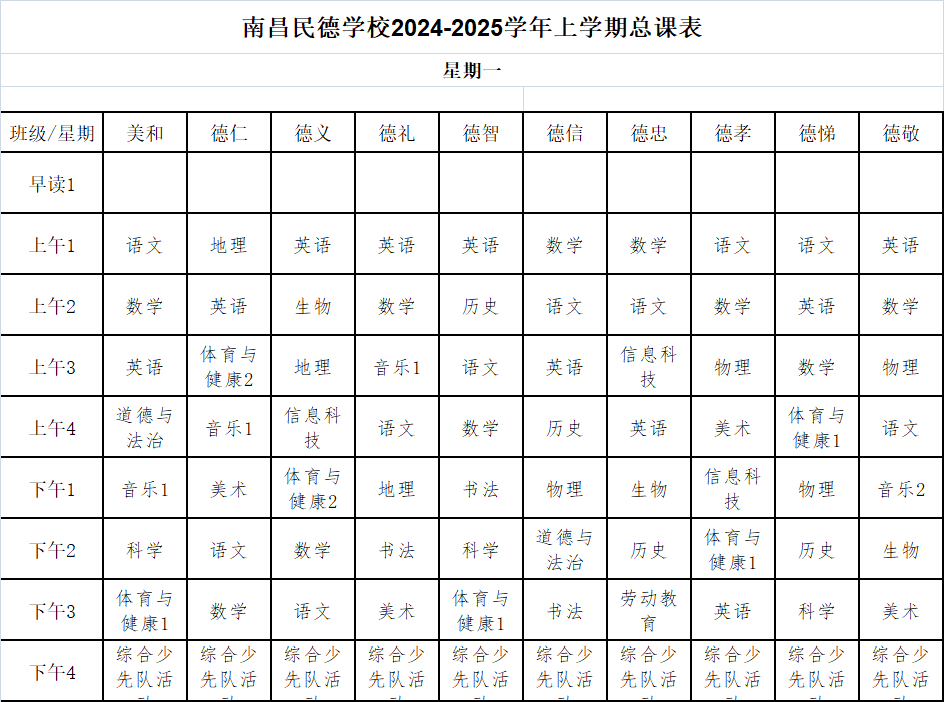 南昌民德學(xué)校2024-2025學(xué)年上學(xué)期總課表